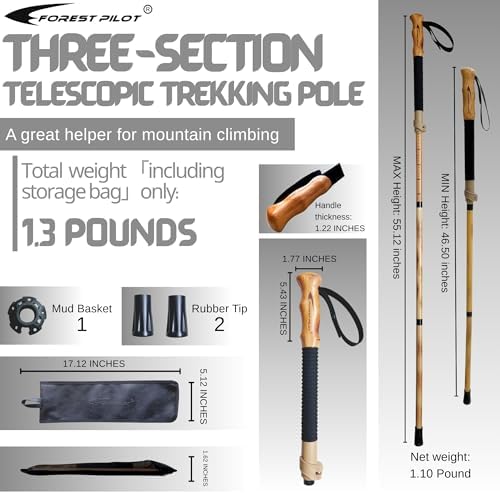 Trekking Poles- 1-pc Pack - Adjustable Hiking or Walking Stick –Strong, Natural Beech Wood - Quick Adjust Flip-Lock - Beech Wood Grip, Leather Strap - Image 5